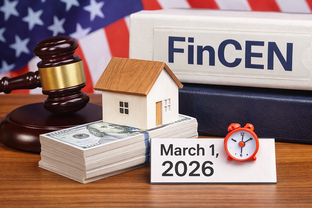 FinCEN reporting rule represented by a gavel, house, cash, U.S. flag, and March 1, 2026 compliance deadline